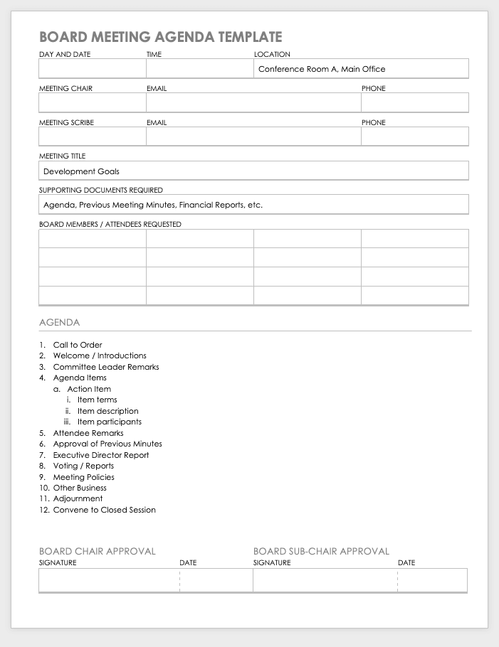 Board Meeting Agenda Template