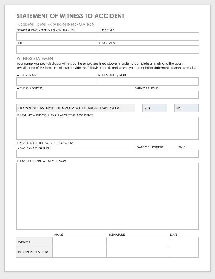 Statement of Witness to Accident Template