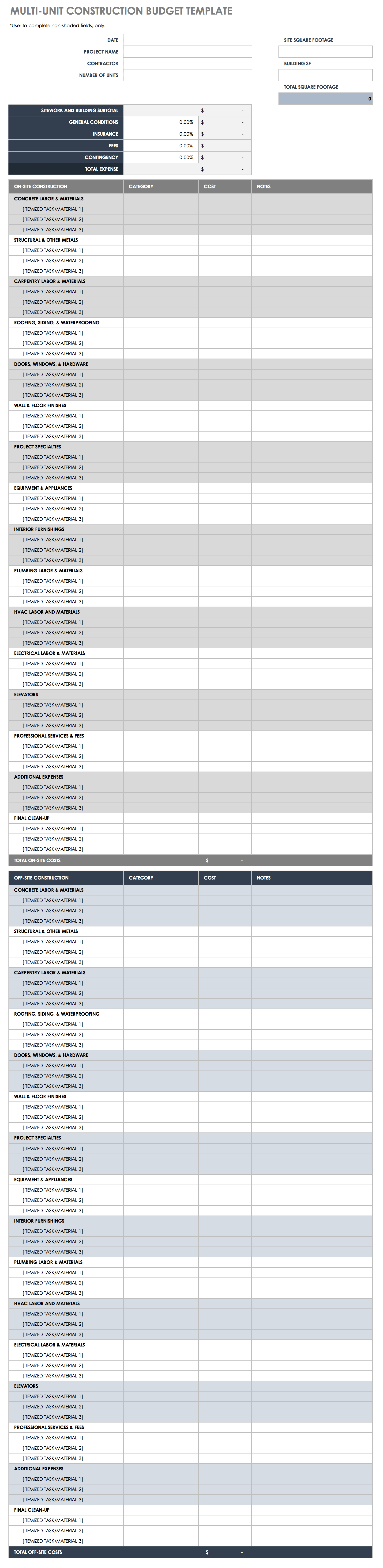 Multi-Unit Construction Budget Worksheet Template