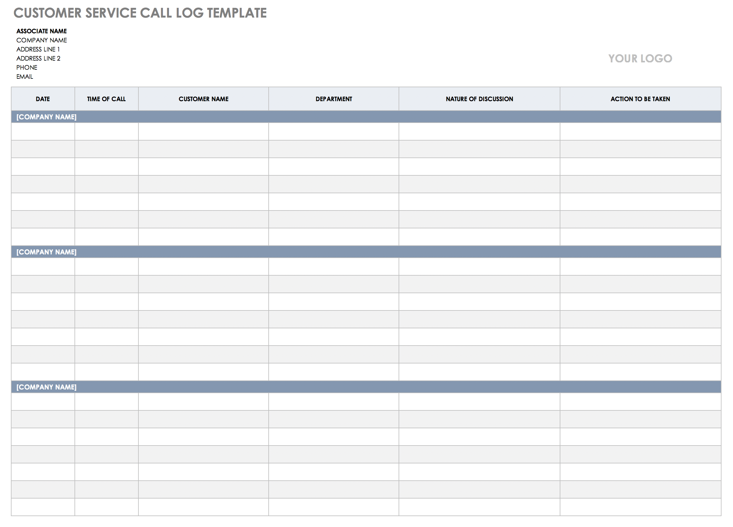 Customer Service Call Log Template