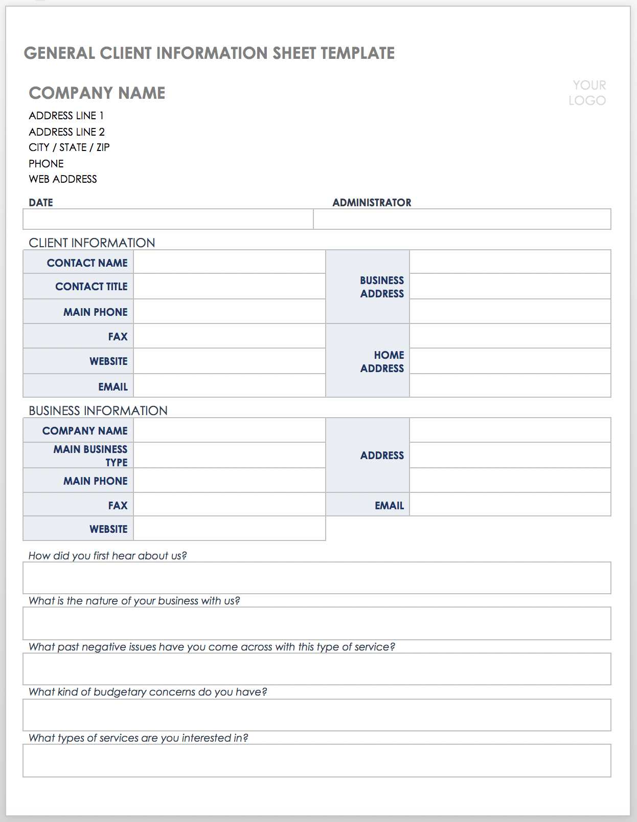 General Client Information Sheet Template