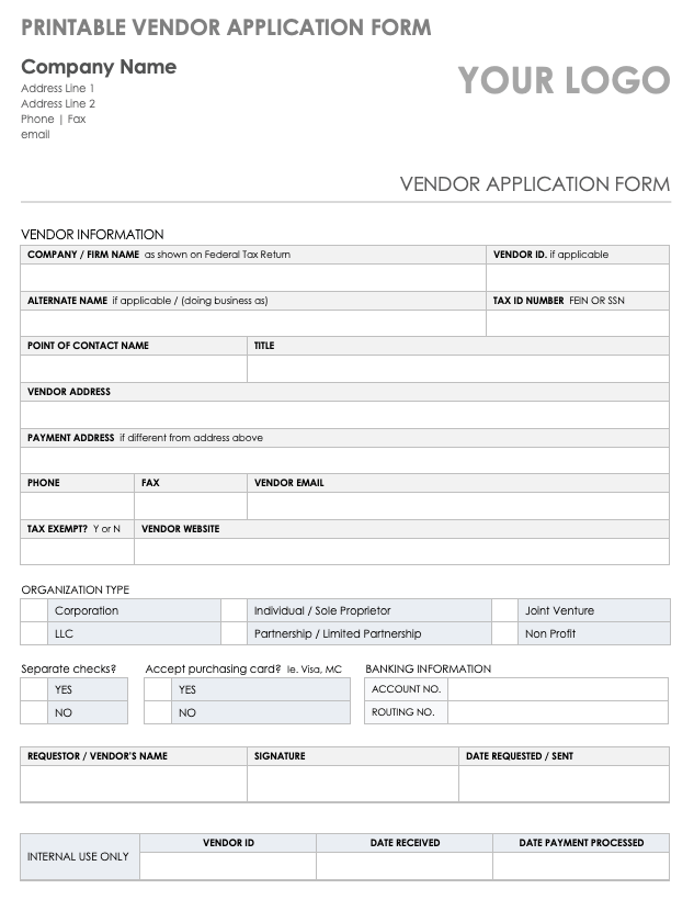 Printable Vendor Application Form Template