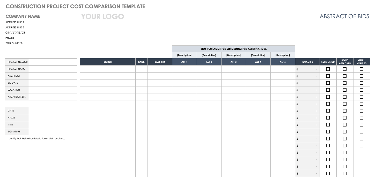 Construction Project Cost Comparison Template