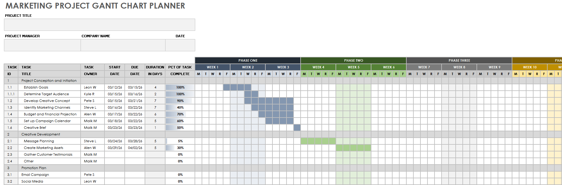 Marketing Project Gantt Chart Planner