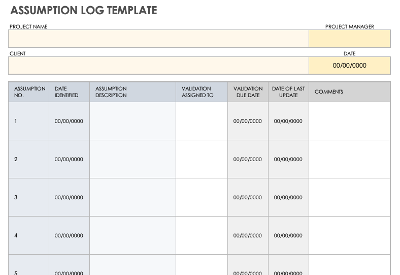 Assumption Log Template