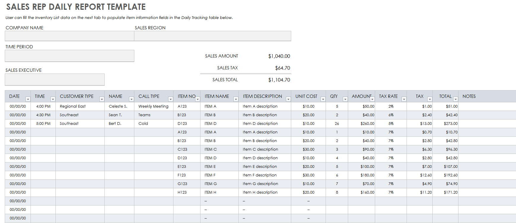 Sales Rep Daily Report Template