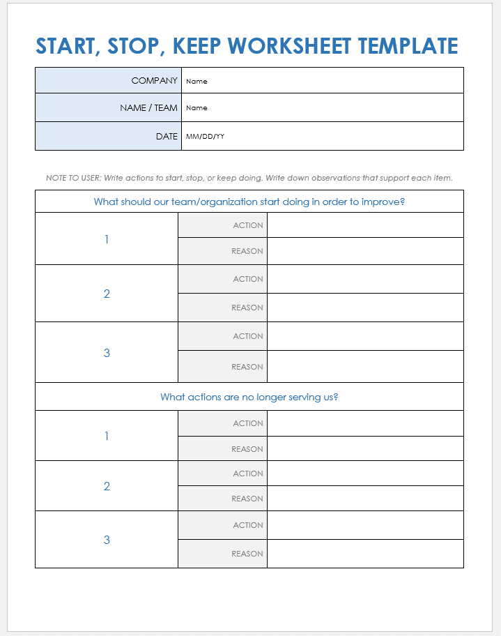 Start, Stop, Keep Worksheet Template