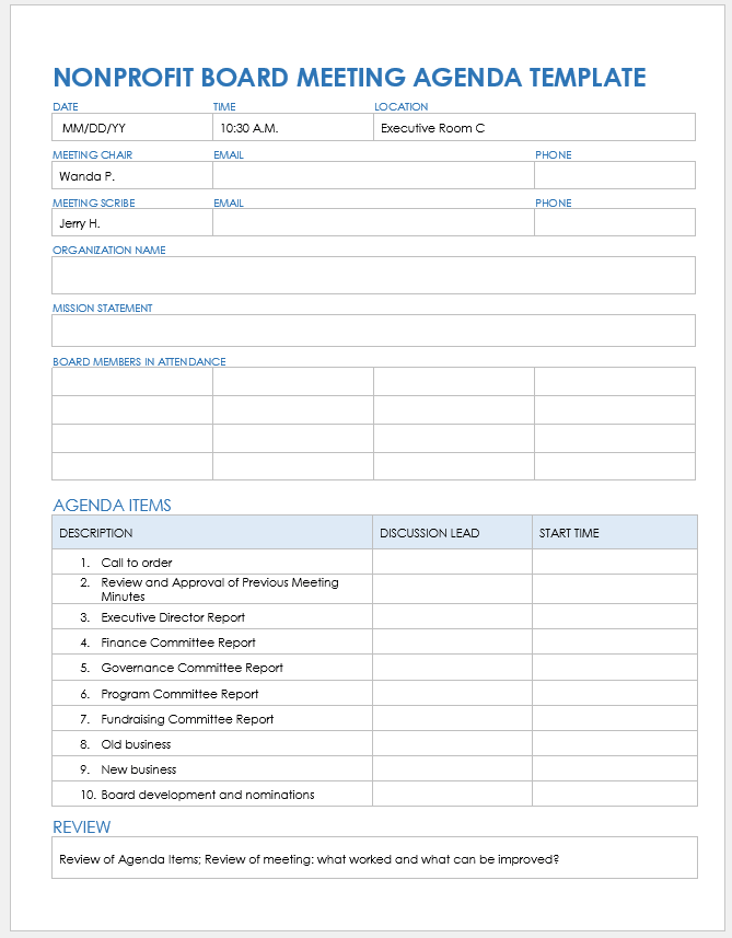 Nonprofit Board Meeting Agenda Template