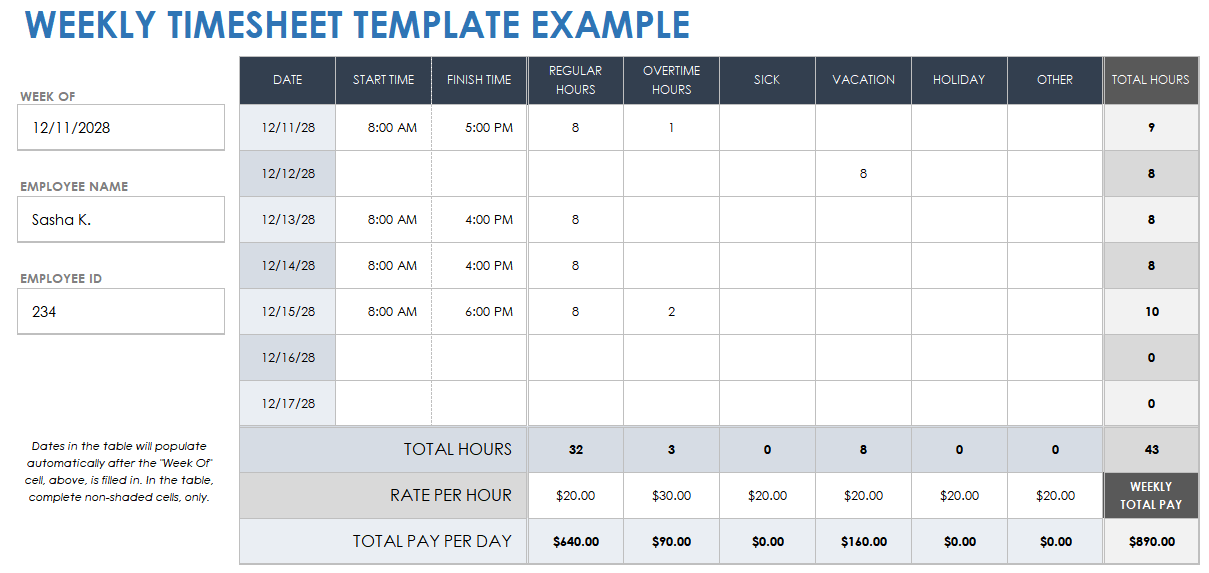 Weekly Timesheet Template Example