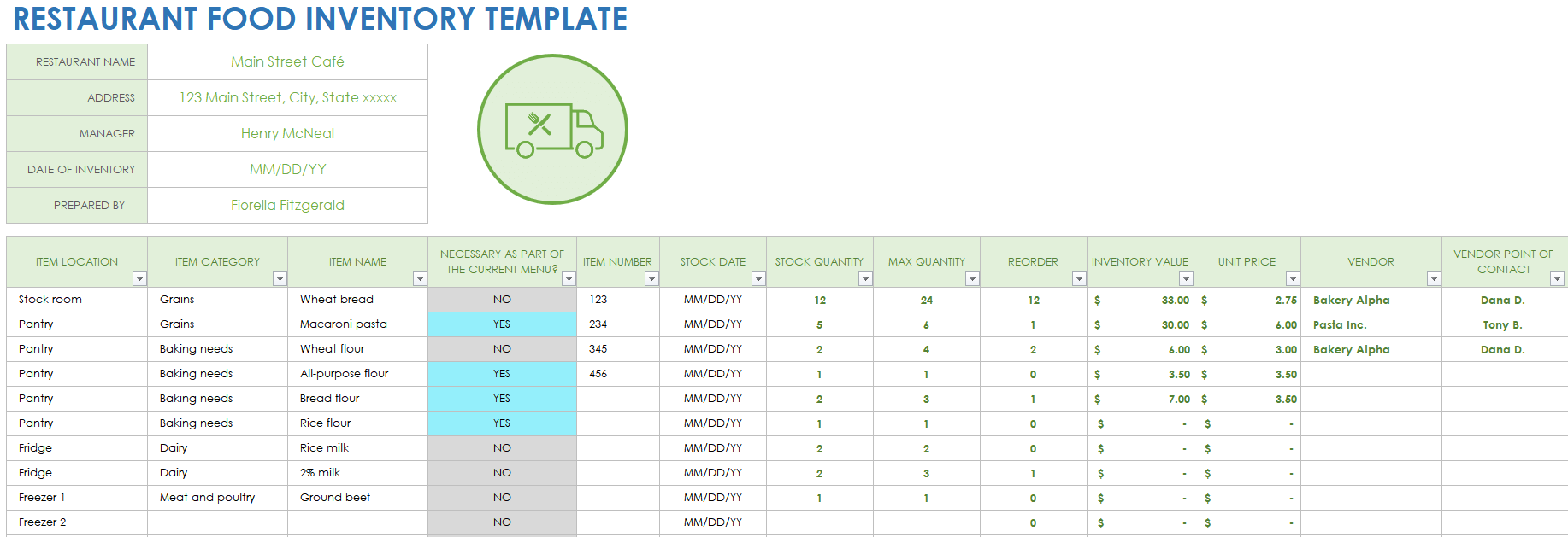 Restaurant Food Inventory Template