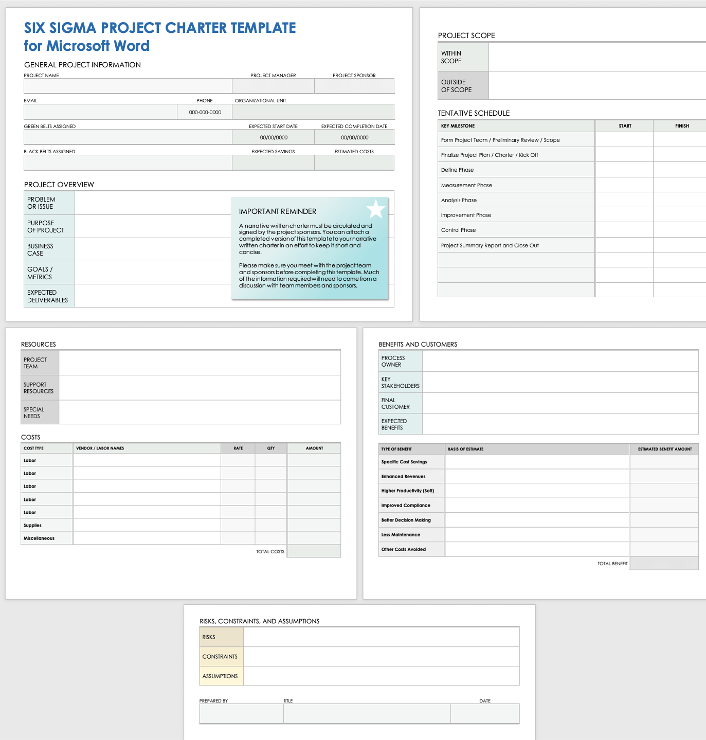 Six Sigma Project Charter Template for Microsoft Word