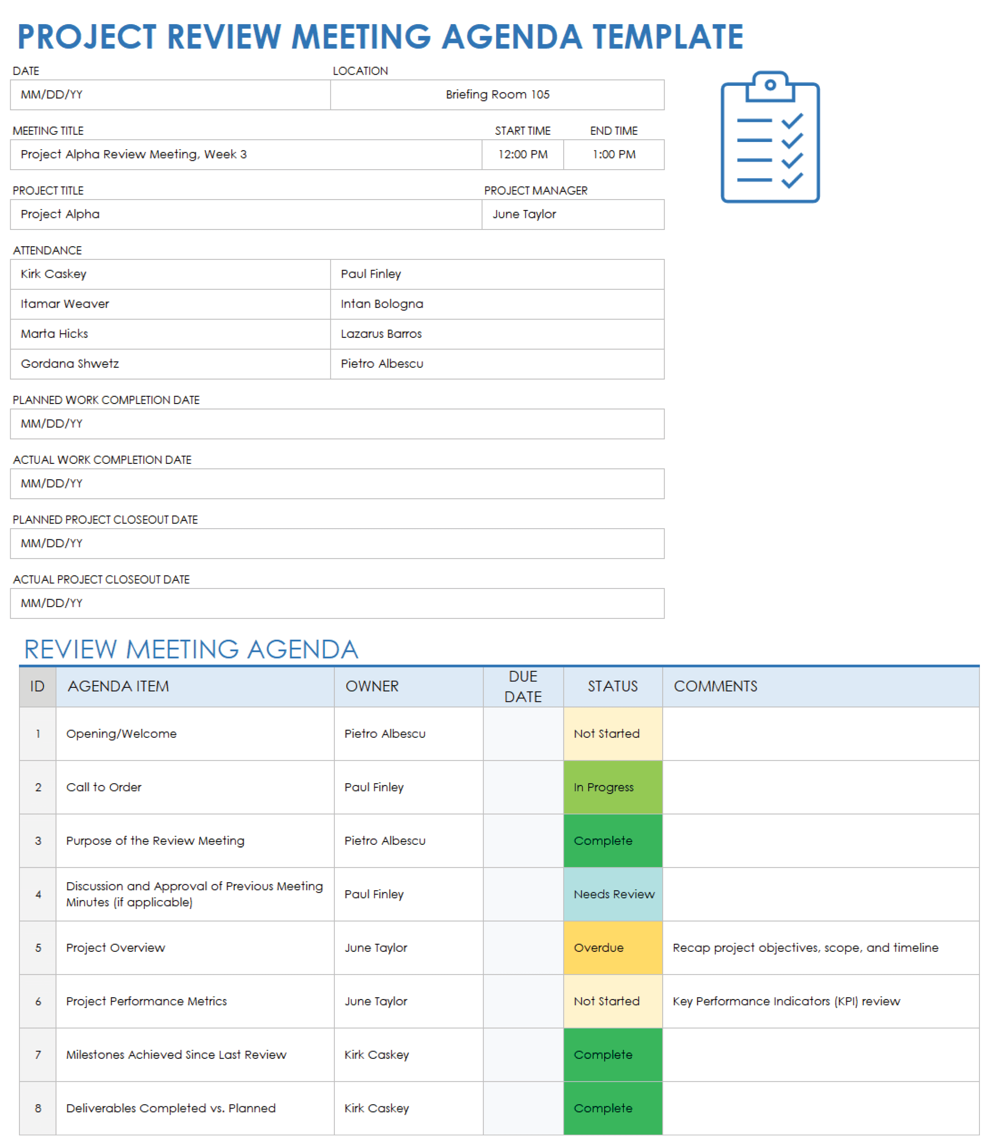 Project Review Meeting Agenda Template