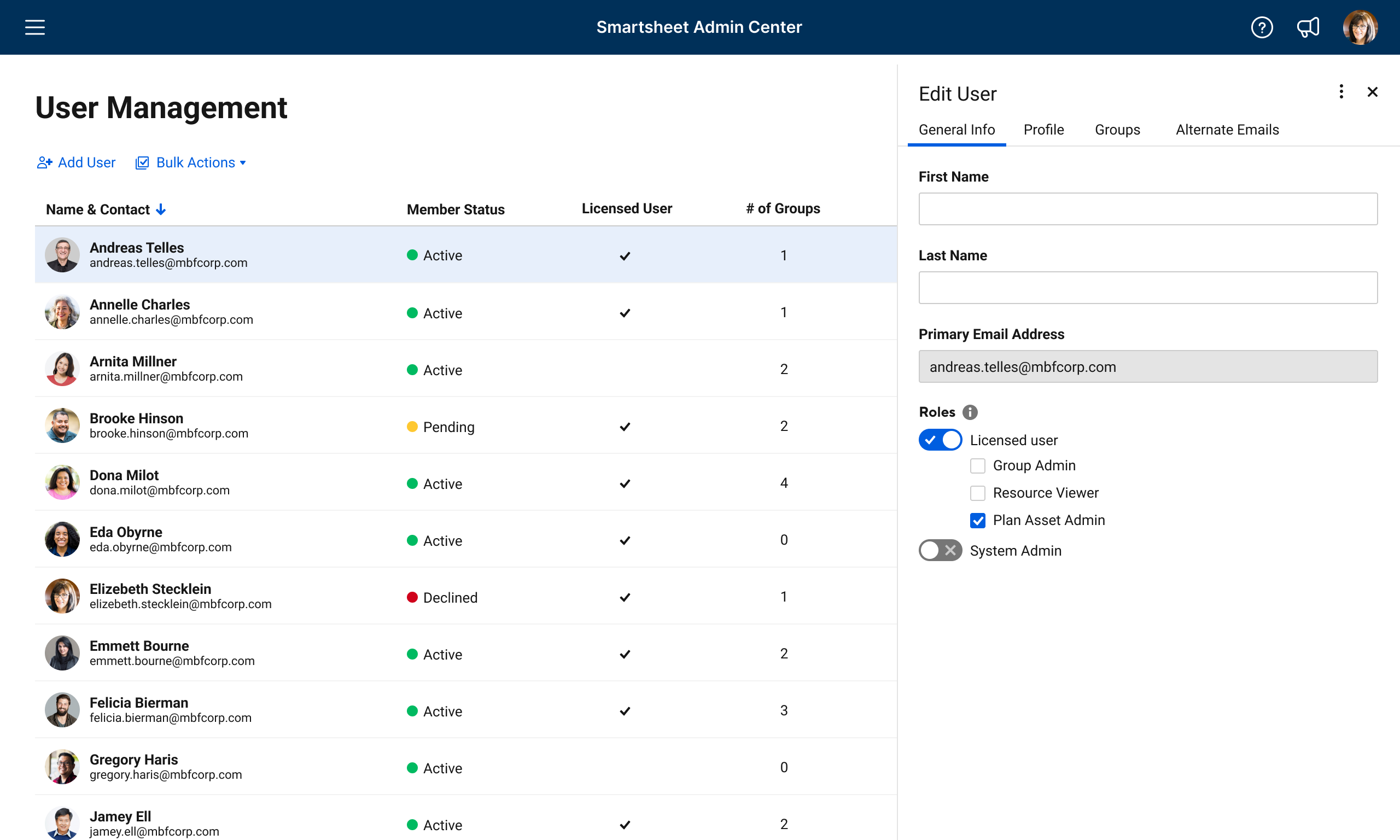 Smartsheet Admin Center User Management screen