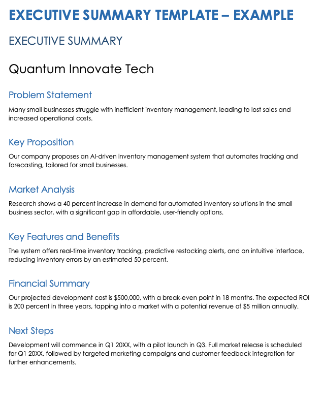 Executive Summary Example Template