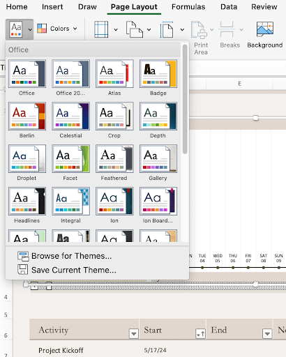 Excel template project timeline theme options