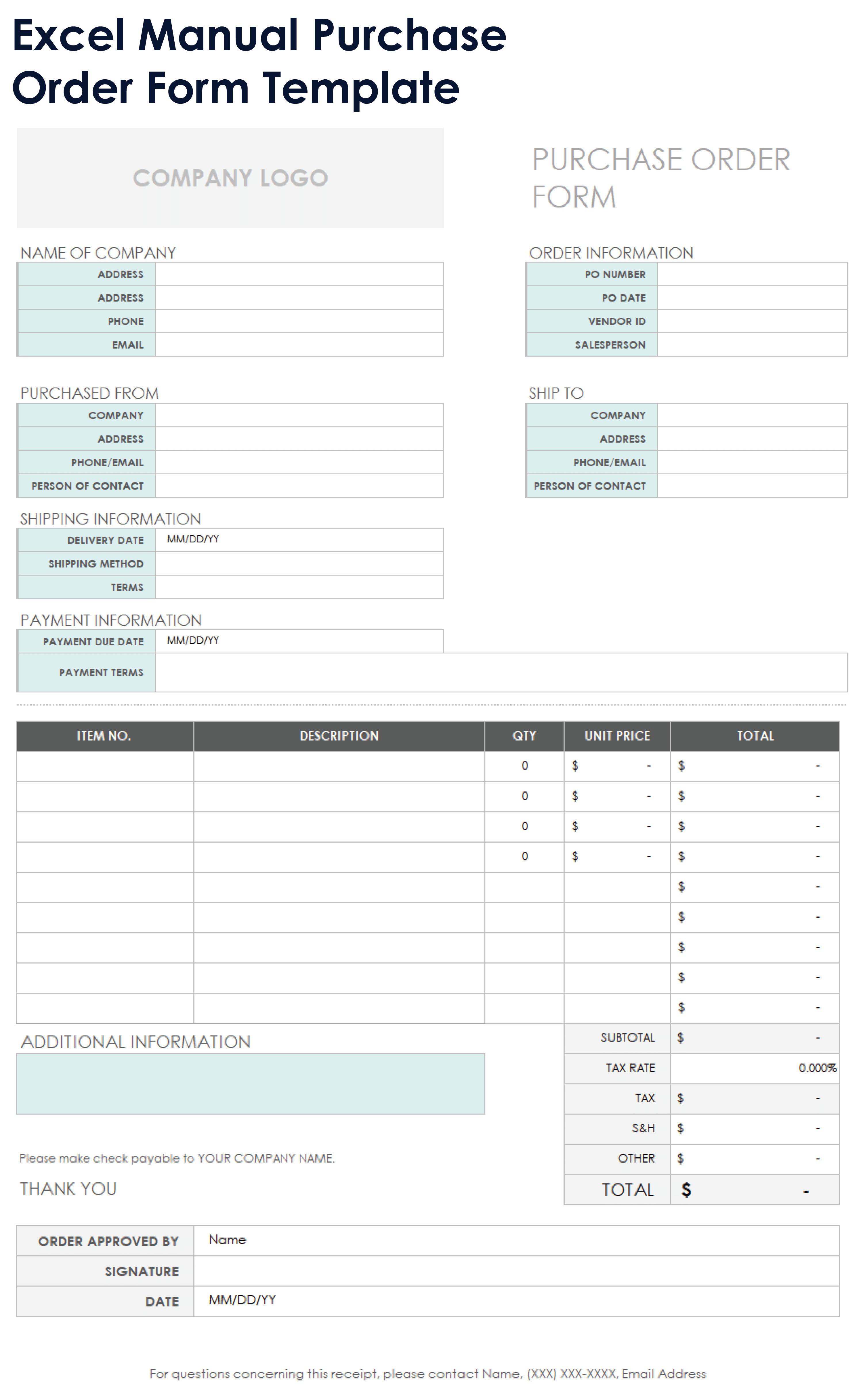 Manual Purchase Order Form Template