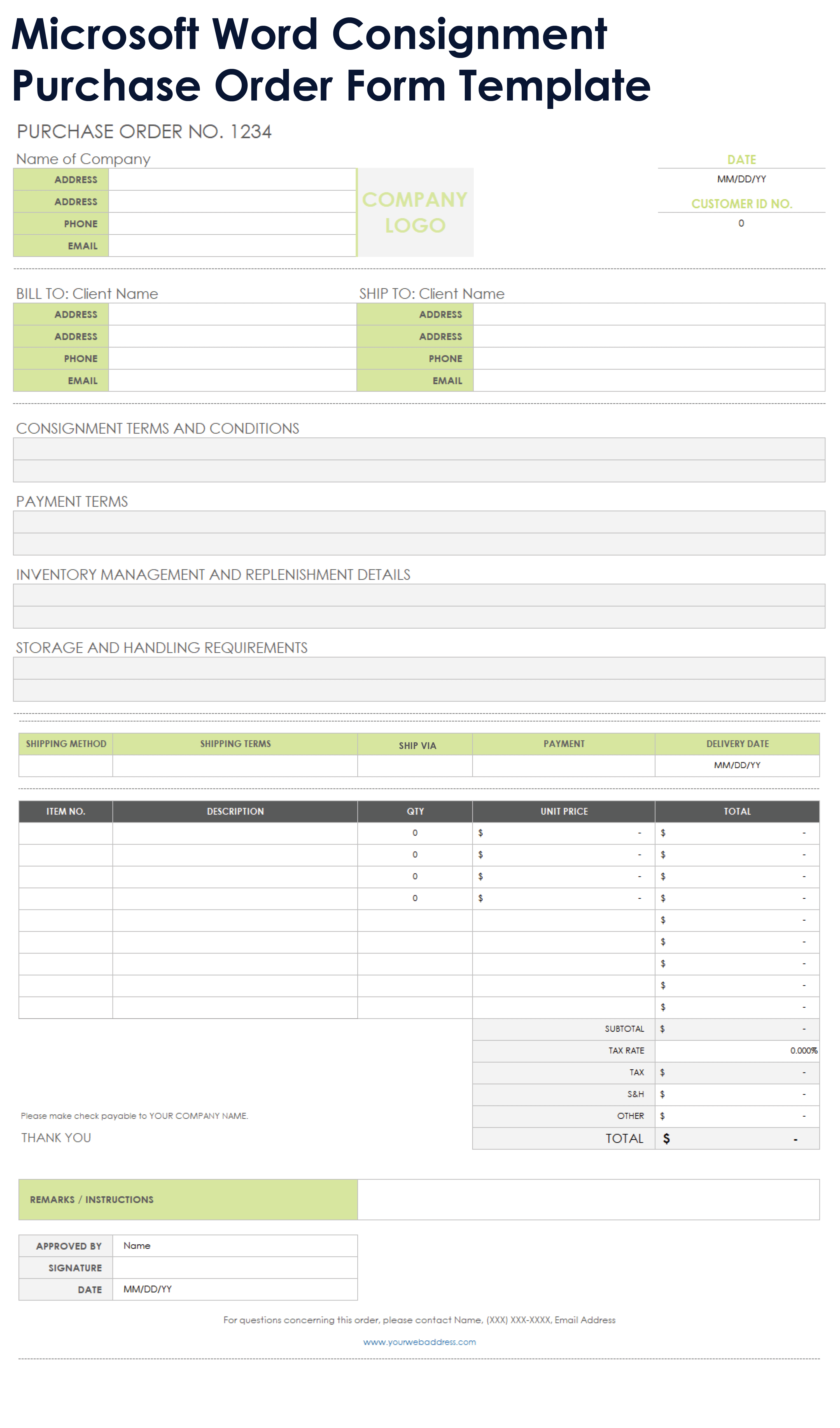 Microsoft Word Consignment Purchase Order Template