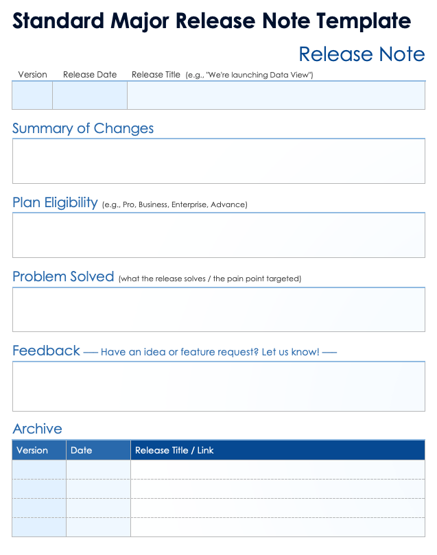 Standard Major Release Note Template