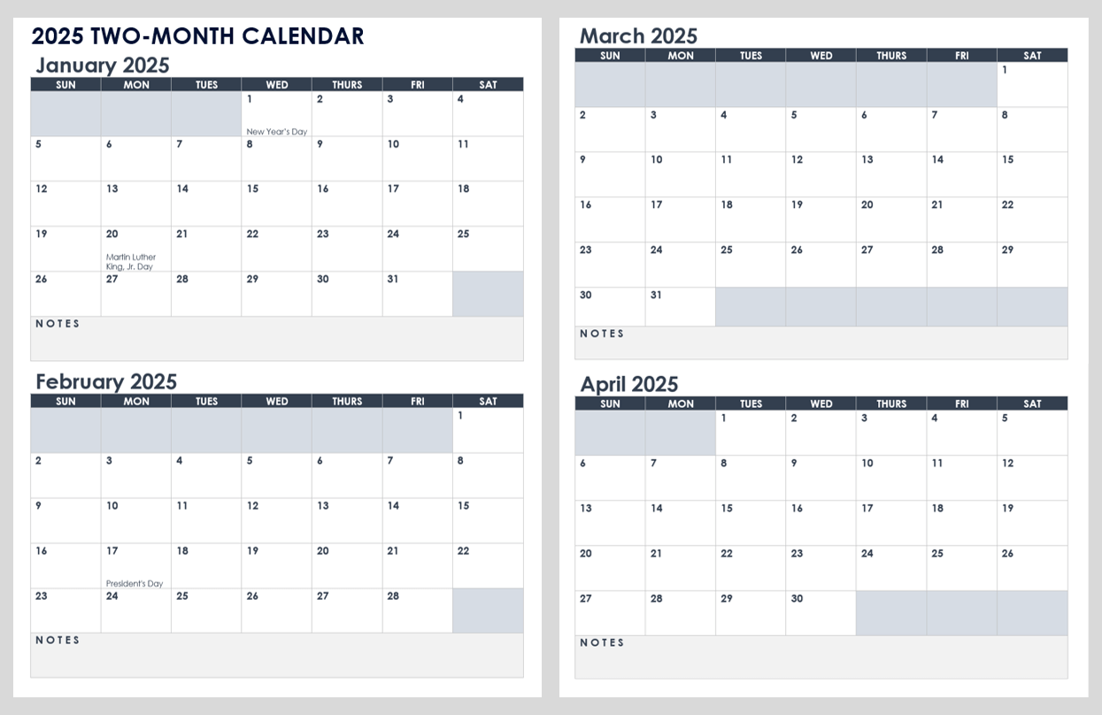 2025 2 Month Calendar