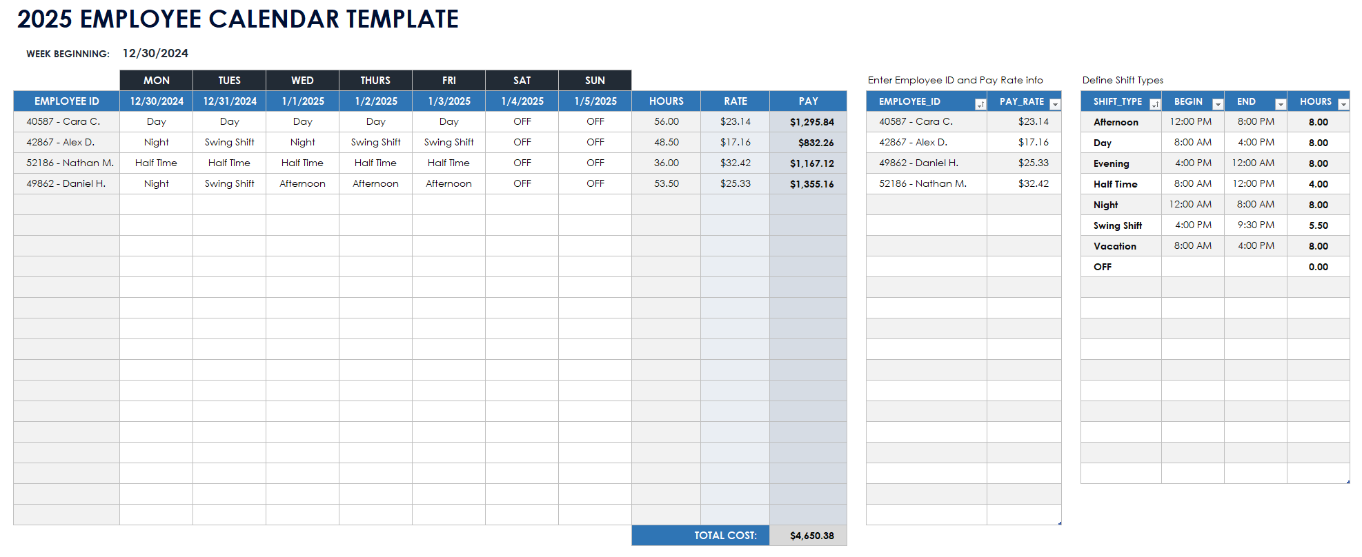 2025 Employee Calendar Template Google Sheets