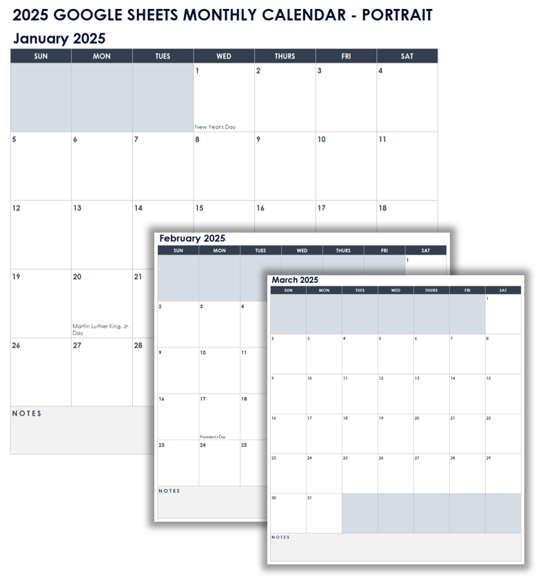 2025 Google Sheets Monthly Calendar Portrait