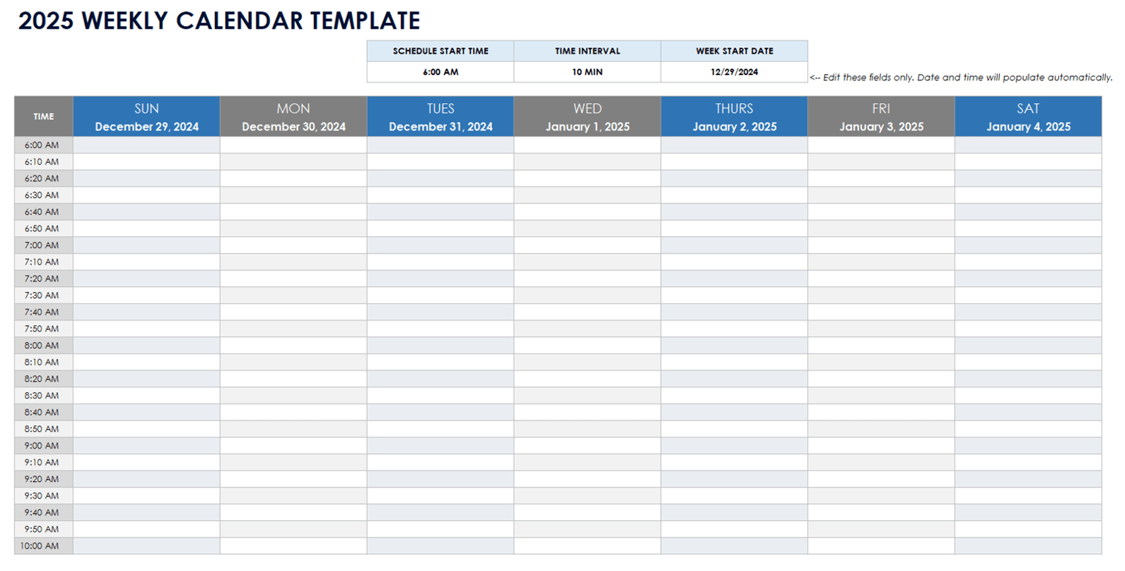 2025 Weekly Calendar Template Google Sheets