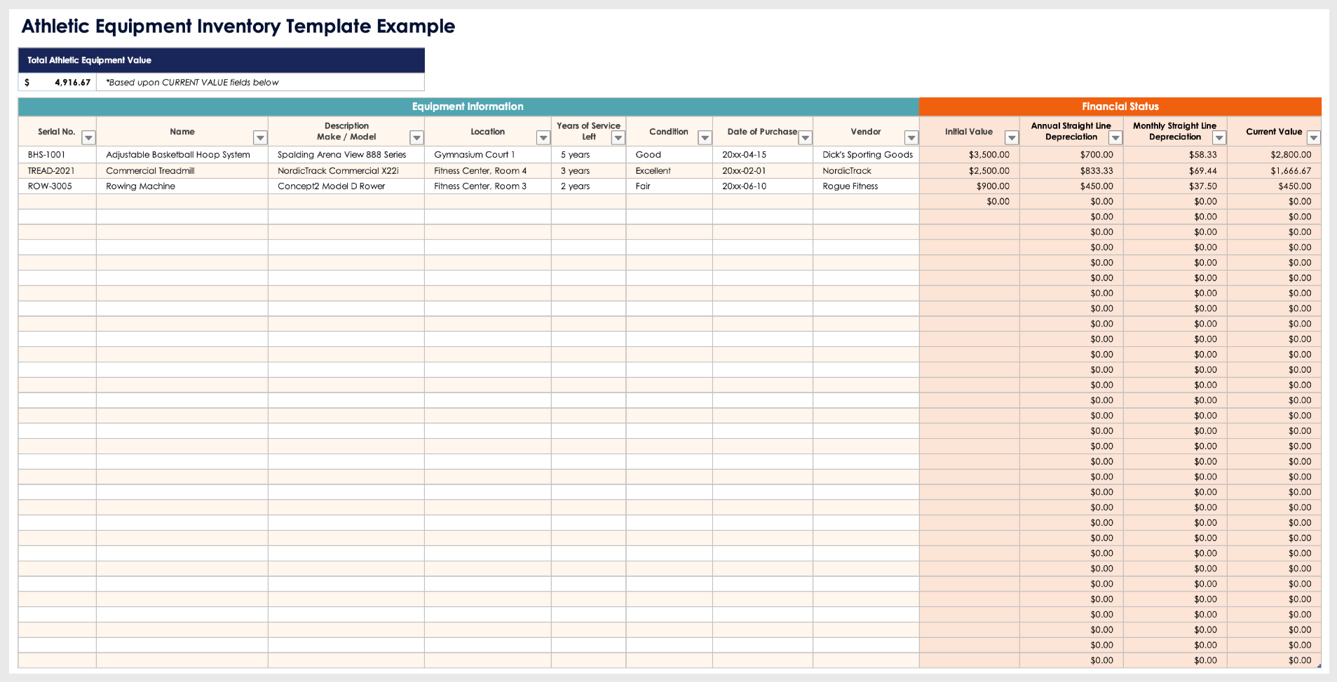 Athletic Equipment Inventory Template Example