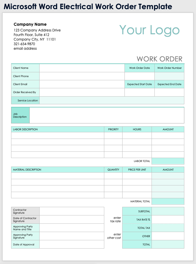 Microsoft Word Electrical Work Order Template