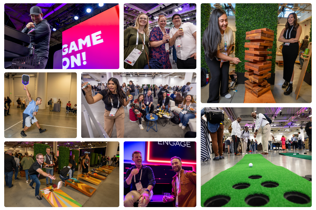 Collage of vibrant Smartsheet ENGAGE attendee party activities with attendees playing.