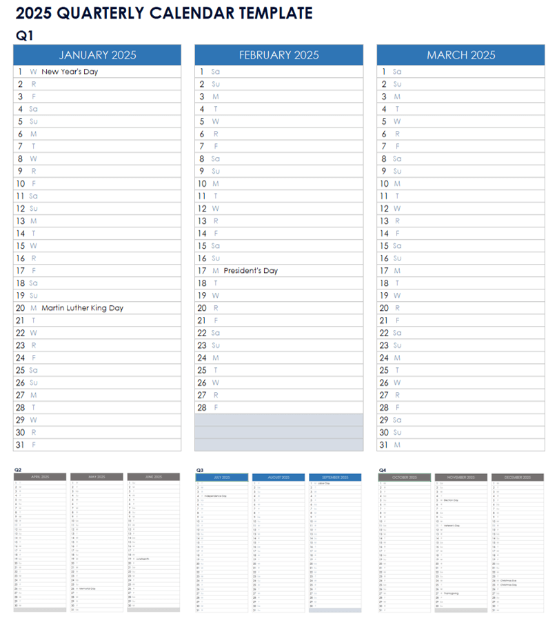 2025 Quarterly Calendar Template