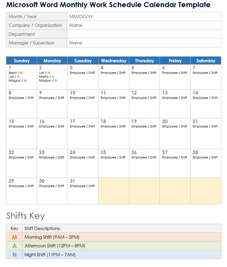 Microsoft Word Monthly Work Schedule Calendar Template