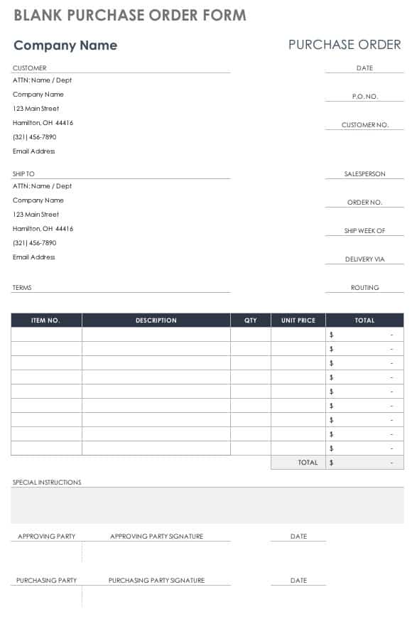 Blank Purchase Order Form with Templates