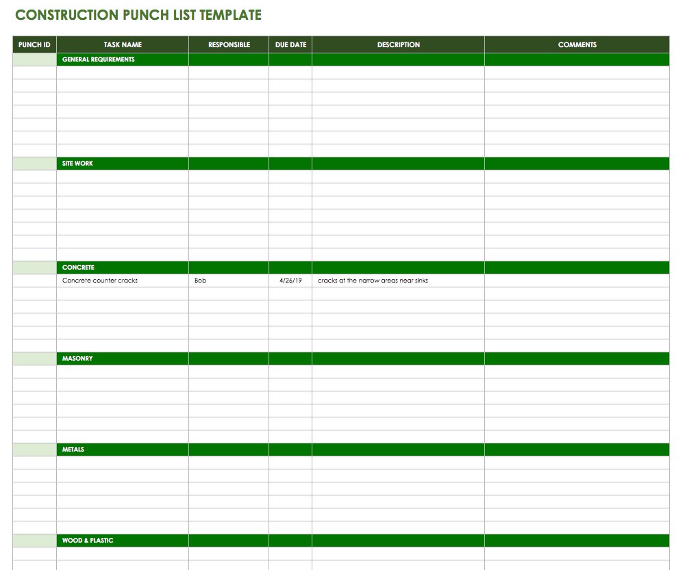 Construction Punch List Template