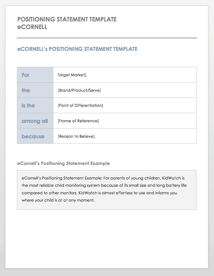 Positioning Statement Template eCornell