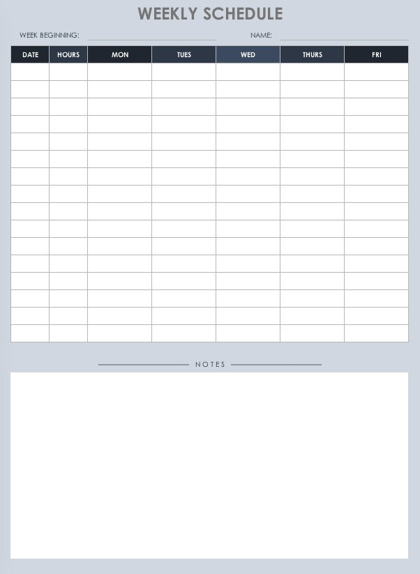Work Schedule 5 Day with Notes Template
